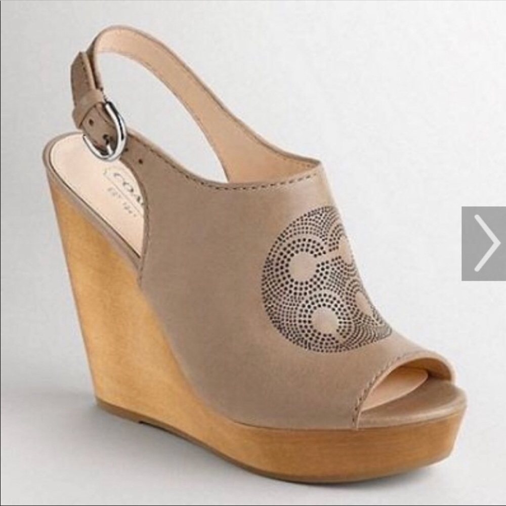 Used Coach Jade Wooden 4” Platform Wedge Slingback Leather Logo Heels